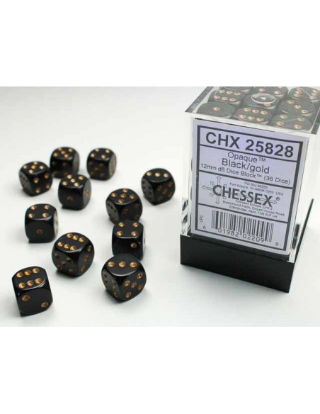 Chessex Opaque 12mm d6 with pips Dice Blocks (36 Dice) - Black w/gold