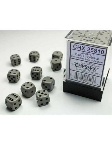 Chessex Opaque 12mm d6 with pips Dice Blocks (36 Dados) - Grey w/black