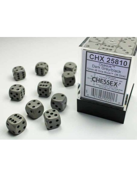 Chessex Opaque 12mm d6 with pips Dice Blocks (36 Dados) - Grey w/black