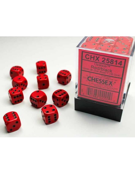 Chessex Opaque 12mm d6 with pips Dice Blocks (36 Dice) - Red w/black