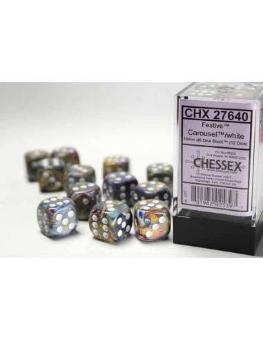 Chessex 16mm d6 Dice Blocks with Pips (12 Dados) - Festive Carousel w/white