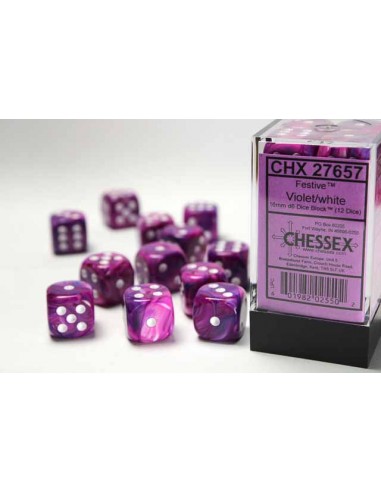 Chessex 16mm d6 Dice Blocks with Pips (12 Dados) - Festive Violet w/white