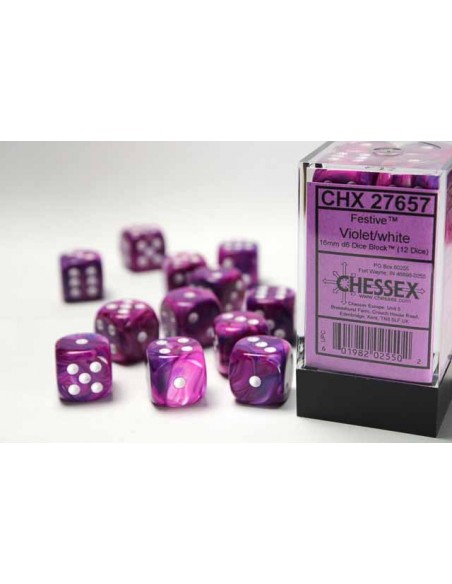 Chessex 16mm d6 Dice Blocks with Pips (12 Dados) - Festive Violet w/white