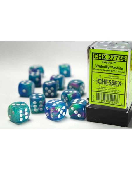 Chessex 16mm d6 Dice Blocks with Pips (12 Dados) - Festive Waterlily/white