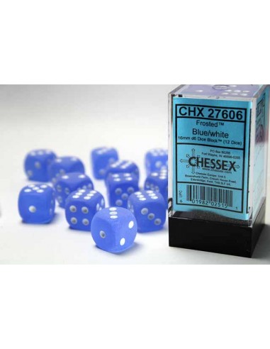 Chessex 16mm d6 Dice Blocks with Pips (12 Dados) - Frosted Blue w/white