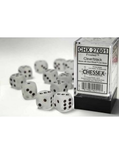 Chessex 16mm d6 Dice Blocks with Pips (12 Dados) - Frosted Clear w/black