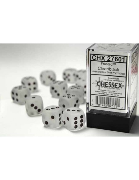 Chessex 16mm d6 with pips Dice Blocks (12 Dice) - Frosted Clear w/black