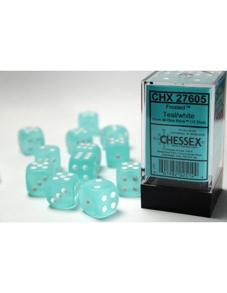 Chessex 16mm d6 with pips Dice Blocks (12 Dice) - Frosted Teal w/white