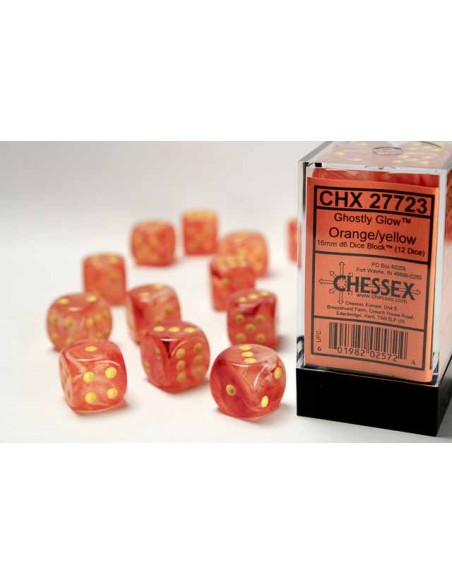 Chessex 16mm d6 Dice Blocks with Pips (12 Dados) - Ghostly Glow Orange/yellow