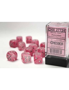 Chessex 16mm d6 with pips Dice Blocks (12 Dice) - Ghostly Glow Pink/silver