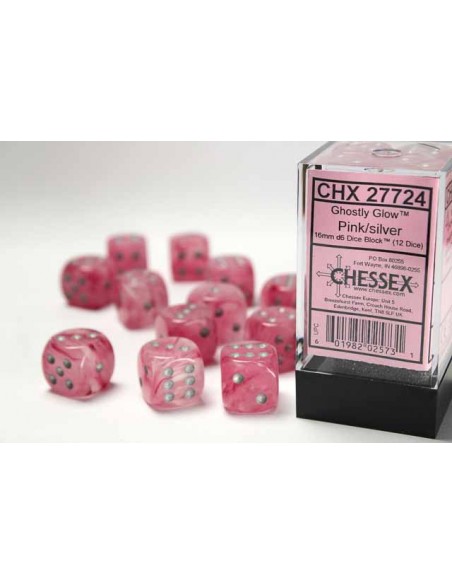 Chessex 16mm d6 with pips Dice Blocks (12 Dice) - Ghostly Glow Pink/silver