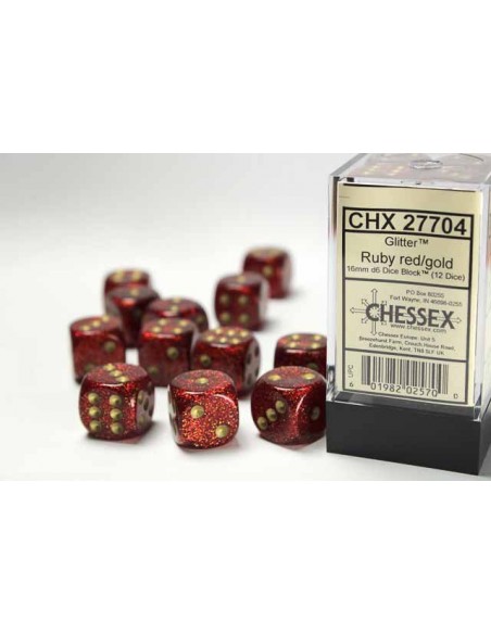 Chessex 16mm d6 with pips Dice Blocks (12 Dice) - Glitter Polyhedral Ruby/gold