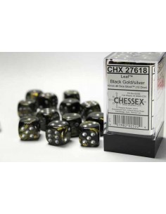 Chessex 16mm d6 Dice Blocks with Pips (12 Dados) - Leaf Black Gold w/silver