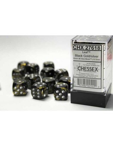 Chessex 16mm d6 with pips Dice Blocks (12 Dice) - Leaf Black Gold w/silver