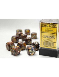 Chessex 16mm d6 with pips Dice Blocks (12 Dice) - Lustrous Gold w/silver