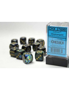 Chessex 16mm d6 Dice Blocks with Pips (12 Dados) - Lustrous Shadow w/gold