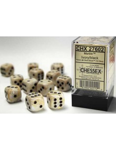 Chessex 16mm d6 Dice Blocks with Pips (12 Dados) - Marble Ivory w/black