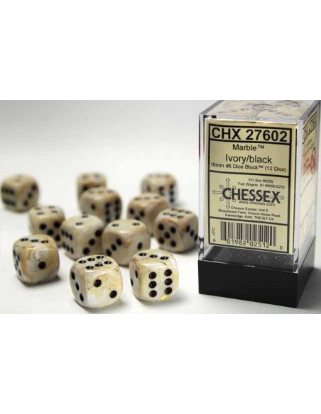 Chessex 16mm d6 Dice Blocks with Pips (12 Dados) - Marble Ivory w/black