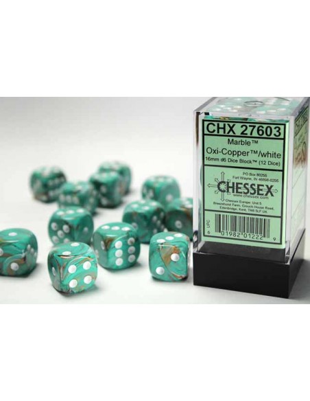 Chessex 16mm d6 with pips Dice Blocks (12 Dice) - Marble Oxi-Copper/white