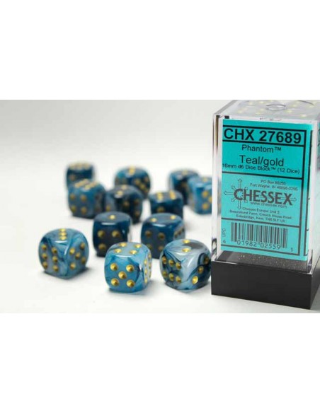 Chessex 16mm d6 with pips Dice Blocks (12 Dice) - Phantom Teal w/gold