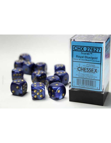 Chessex 16mm d6 with pips Dice Blocks (12 Dice) - Scarab Royal Blue w/gold