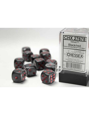 Chessex 16mm d6 with pips Dice Blocks (12 Dice) - Velvet Black w/red