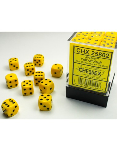 Chessex Opaque 12mm d6 with pips Dice Blocks (36 Dados) - Yellow/black