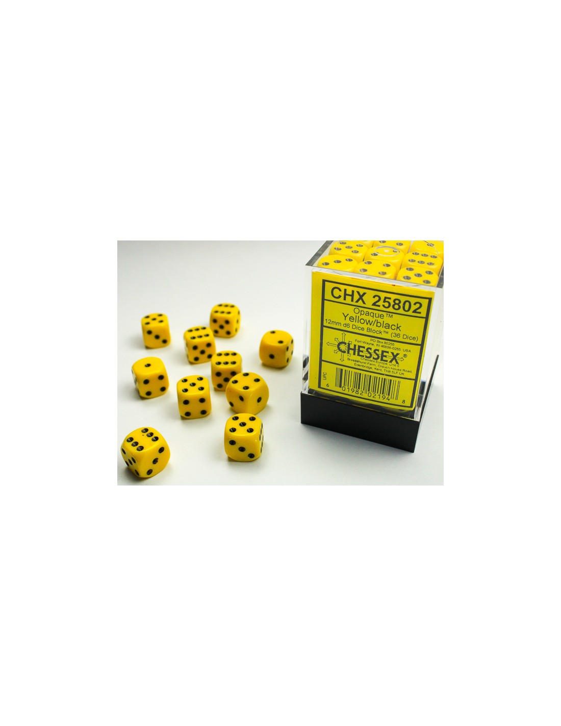 Chessex Opaque 12mm d6 Dice Blocks with Pips (36 Dice) - Yellow/black