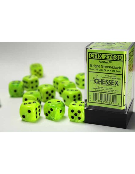 Chessex 16mm d6 with pips Dice Blocks (12 Dice) - Vortex Bright Green w/black