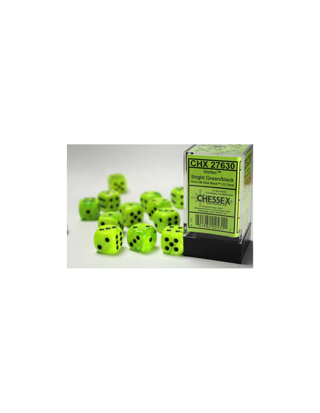 Chessex 16mm d6 with pips Dice Blocks (12 Dice) - Vortex Bright Green w ...