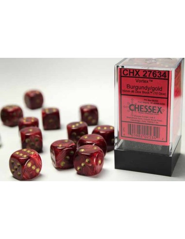 Chessex 16mm d6 with pips Dice Blocks (12 Dice) - Vortex Burgundy/gold