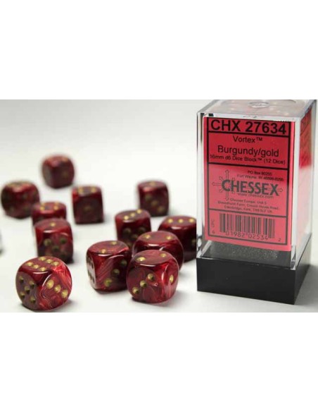 Chessex 16mm d6 Dice Blocks with Pips (12 Dados) - Vortex Burgundy/gold