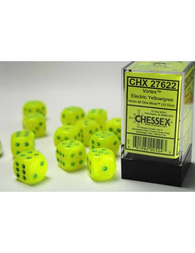 Chessex 16mm d6 with pips Dice Blocks (12 Dice) - Vortex Electric Yellow w/green