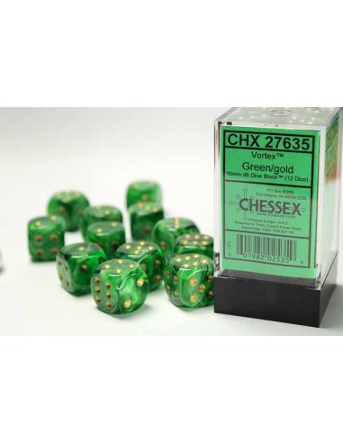 Chessex 16mm d6 with pips Dice Blocks (12 Dice) - Vortex Green/gold