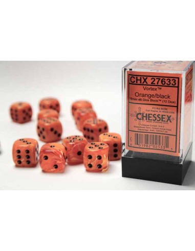 Chessex 16mm d6 with pips Dice Blocks (12 Dice) - Vortex Orange/black