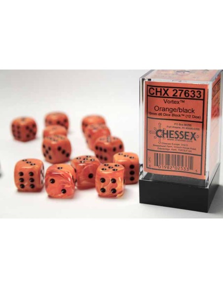 Chessex 16mm d6 Dice Blocks with Pips (12 Dados) - Vortex Orange/black