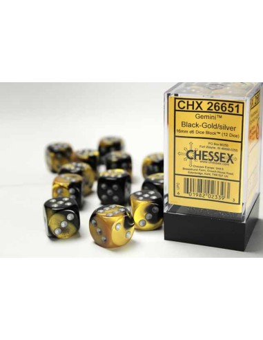 Chessex 16mm d6 with pips Dice Blocks (12 Dice) - Gemini Black-Gold/silver