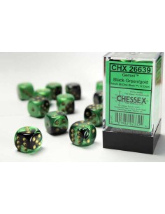 Chessex 16mm d6 Dice Blocks with Pips (12 Dados) - Gemini Black-Green/gold