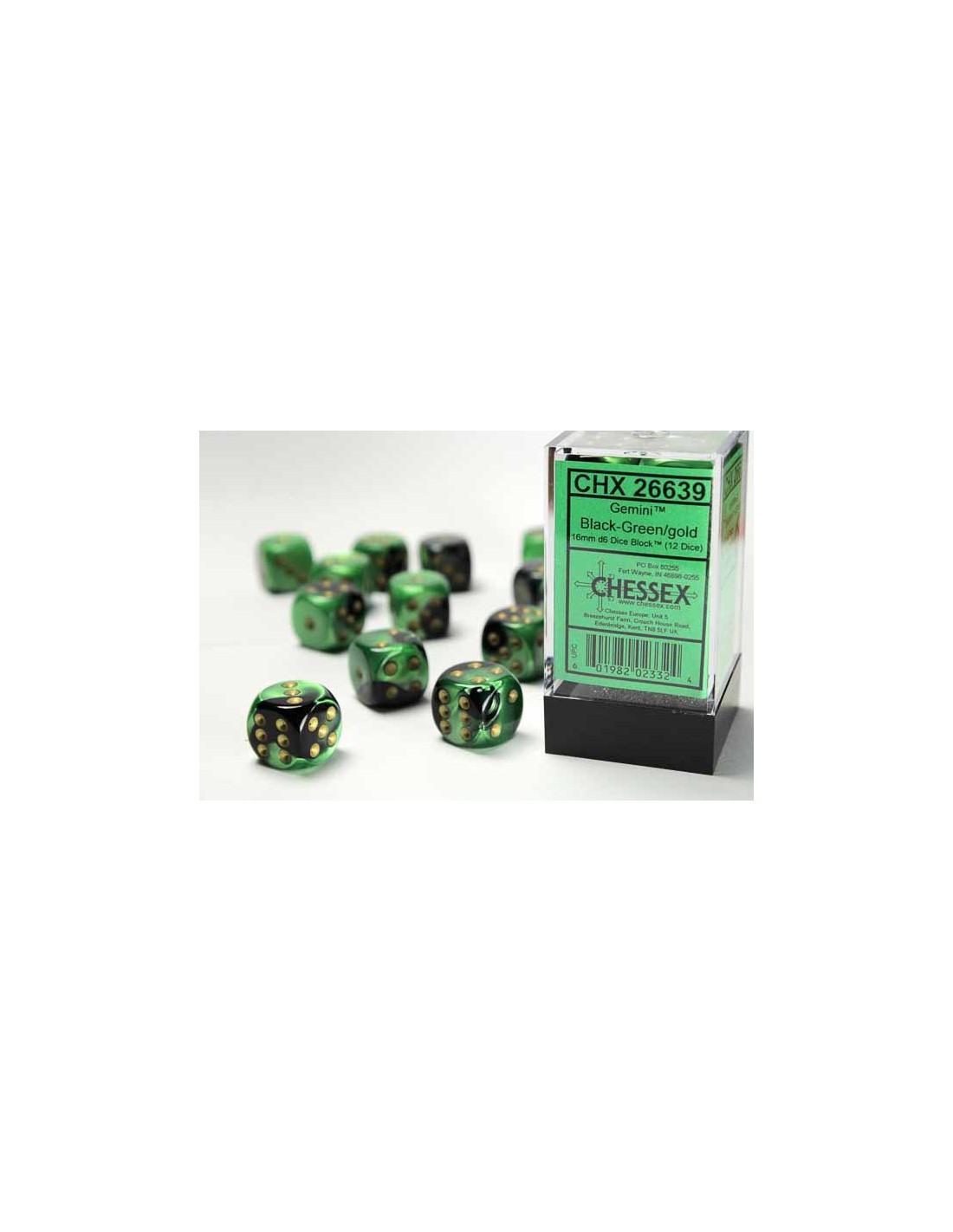 Chessex 16mm D6 With Pips Dice Blocks 12 Dice Gemini Black Green Gold