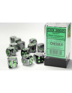 Chessex 16mm d6 with pips Dice Blocks (12 Dice) - Gemini Black-Grey/green