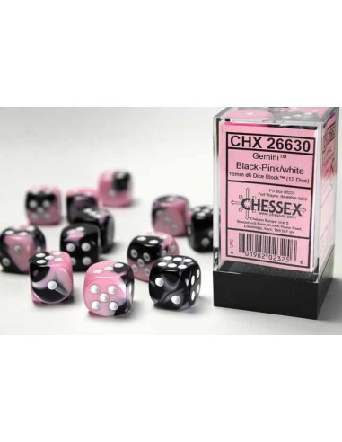 Chessex 16mm d6 Dice Blocks with Pips (12 Dados) - Gemini Black-Pink/white