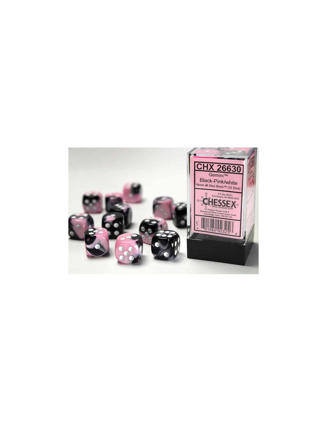 Chessex 16mm D6 With Pips Dice Blocks 12 Dice Gemini Black Pink White