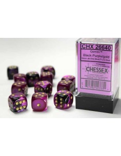 Chessex 16mm d6 with pips Dice Blocks (12 Dice) - Gemini Black-Purple/gold