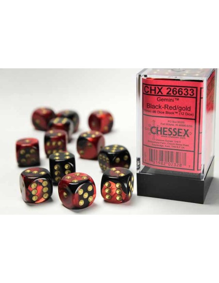 Chessex 16mm d6 Dice Blocks with Pips (12 Dados) - Gemini Black-Red/gold