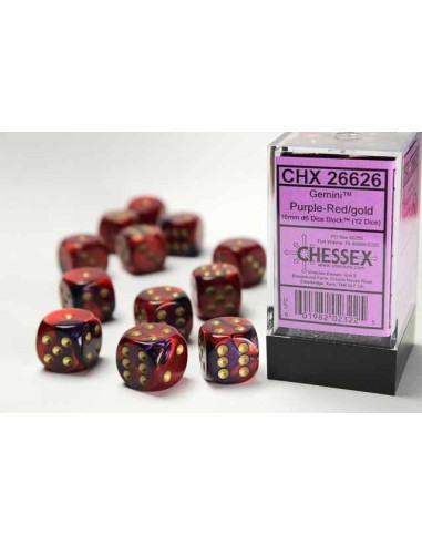 Chessex 16mm d6 Dice Blocks with Pips (12 Dados) - Gemini Purple-Red/gold