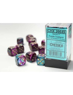 Chessex 16mm d6 with pips Dice Blocks (12 Dice) - Gemini Purple-Teal/gold