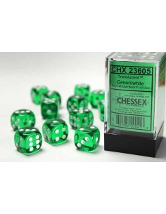 Chessex 16mm d6 with pips Dice Blocks (12 Dice) - Translucent Green/white