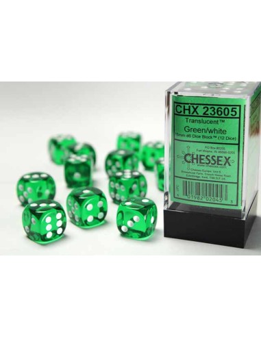 Chessex 16mm d6 Dice Blocks with Pips (12 Dados) - Translucent Green/white