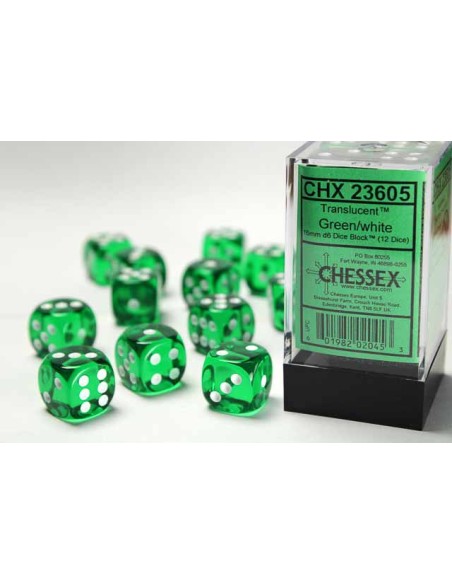 Chessex 16mm d6 with pips Dice Blocks (12 Dice) - Translucent Green/white