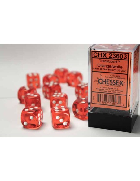 Chessex 16mm d6 Dice Blocks with Pips (12 Dados) - Translucent Orange w/white